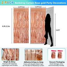 Rose Gold Party Birthday Decorations Foil Fringe Tinsel Curtain Backdrop Rosegold Groovy Party Decor Streamers Photo Booth Backdrops 2 Pack 3.3x8.2ft for Teen Girls Bachelorette Wedding New Year