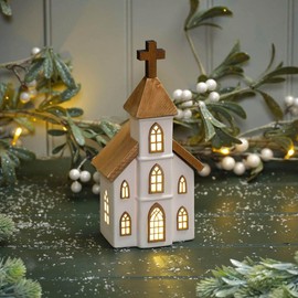 Carousel Home LED Ceramic Christmas Church | Light Up Ceramic & Wood Chapel Ornament | Festive Village Decoration - 23cm
