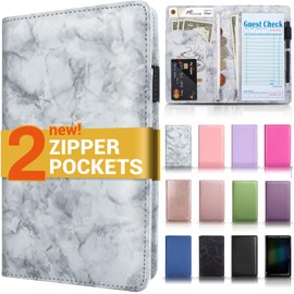 Server Book with 2 Zipper Pockets, Leather Server Books for Waitress, Waiter Book, Sturdy Waitress Book with Money Pocket and Zipper, Servers Book Waitress Accessories Fit Server Apron, Marble Grey