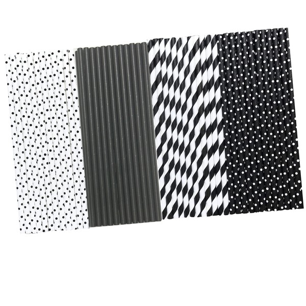 Paper Straws - Black and White - Stripe Solid Polka Dot - 7.75 Inches - Bulk 500 Pack - Outside the Box Papers Brand