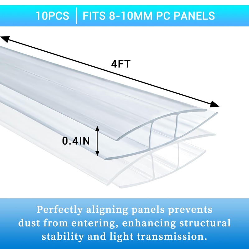XISOCO 10 PCS Polycarbonate Greenhouse H-Clip Connectors 4ft Length, Fits