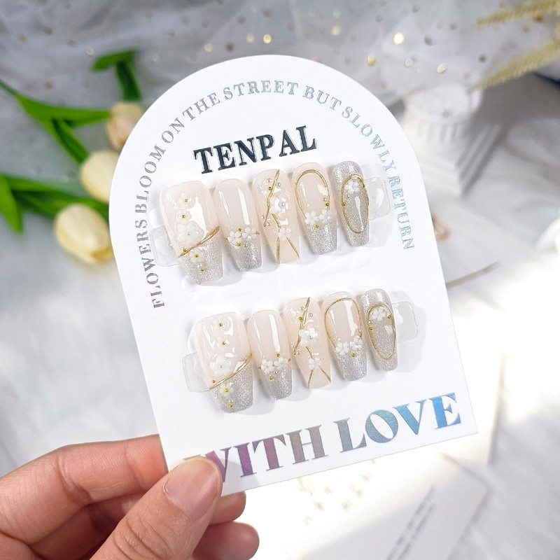 TENPAL French tips Press on Nails Medium Coffin,Cherry Blossom White