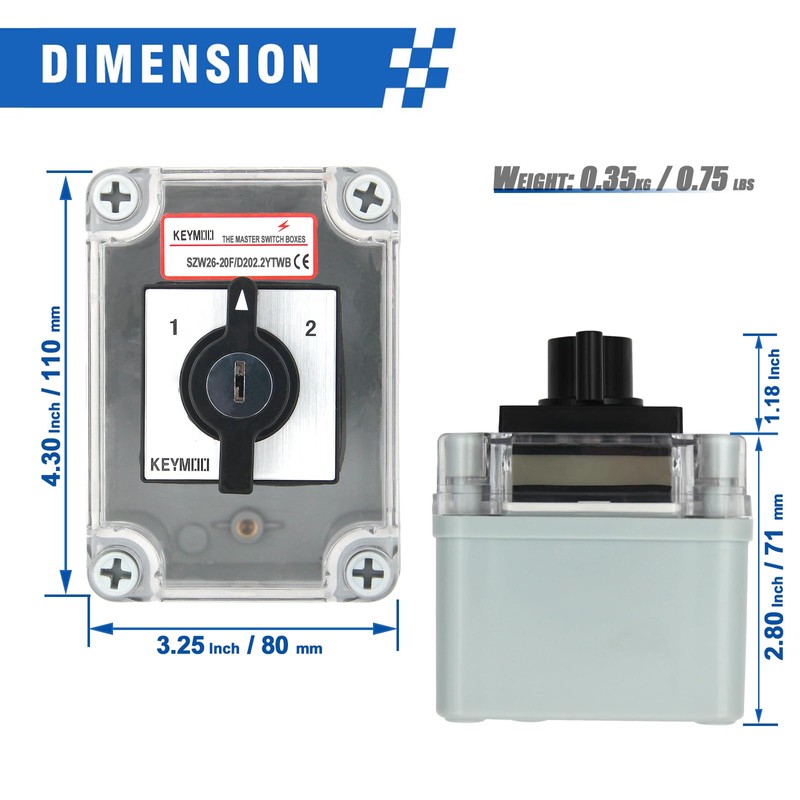 KEYMOO 20A Rotary Changeover Switch with Key Lock, 660V 3