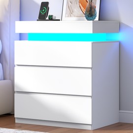 Nightstand with Charging Station and LED Lights, Night Stand with 3 Large Drawers, Bedside Table with Storage, Modern End Side Table, White Night Stands for Bedroom, Living Room, 23.62" W×26.97" H