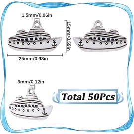 SUNNYCLUE 1 Box 50Pcs Boat Charms Bulk Ship Charms Antique Silver Ocean Sea Cruise Boats Vehicle Cruise Sailing Vintage Charms for jewellery Making Charms Women DIY Necklace Earring Bracelets Crafts