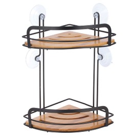 MSV Shower Shelf Corner Shower Basket Bathroom No Drilling with Suction Cups Steel Bamboo 31 x 21 x 21 cm Matte Black