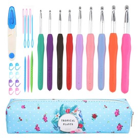KOKNIT Crochet Hooks with Case, Comfort Rubber Soft Handles Extra Long Knitting Hook Needles Easy to Hold Hooks 9pcs Size 4.5mm(7)-10mm(N) with Accessories