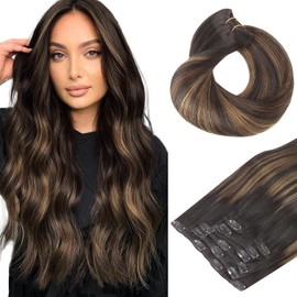 HOTBANANA Human Hair Clip in Hair Extensions, Balayage Natural Black to Chestnut Brown 120g Clip in Hair Extensions Real Human Hair Straight Remy Hair Clip Ins Dark Roots Ombre 22 Inch 7pcs