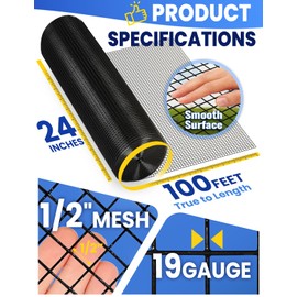 1/2 inch 24inch×100ft 19 Gauge Black Hardware Cloth Chicken Wire Fence, Galvanized Steel Vinyl Coated Wire Mesh Roll Supports Poultry Netting Cage Fence Snake, Rabbit Wire