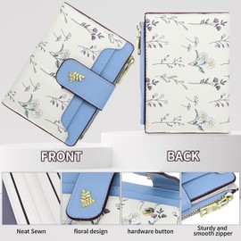 Farcauo Cute Blue Wallet for Women and Girls Minimalist Flower Design Leather Coin Purse with Credit Card Holder and ID Window Kawaii Travel Cash Wallet for Ladies