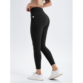 ODODOS Women's Drawstring Tie Daily Pocket Leggings 25" Inseam 7/8 Length High Waist Workout Yoga Pants, Black, Small