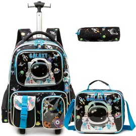 Egchescebo Kids Rolling Backpack for Boys Astronaut Suitcases Trolley Roller Luggage Backpacks on Wheels with Lunch Box Pencil Case for Elementary Multiple Function Pockets Travel School Bag Blue