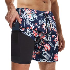 Suwangi Men's Swim Trunks Double Layer Beach Shorts Quick Dry Swimming Trunks Compression Liner 2 in 1 Swim Shorts Boxer Brief Waterproof Surfing Boar