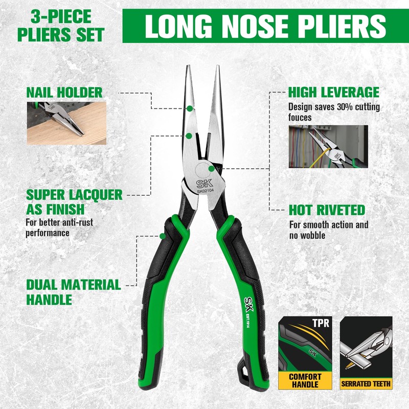 SK 3-Piece Pliers Set, 9.5-Inch Linesman, 8-Inch Diagonal & Needle