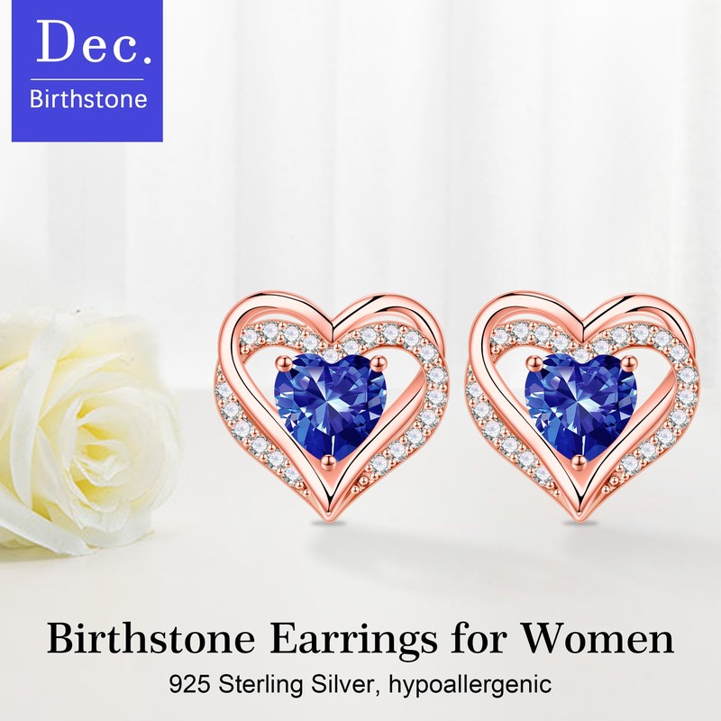 Iefil Rose Gold Heart Earrings for Women, December Birthstone Blue