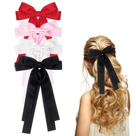 4Pcs Hair Bows for Girls Women, Satin Hair Clips with Long Tail for Girls Hair Barrettes Hair Accessories for Women Girls Teens(Black, White, Pink, Red)