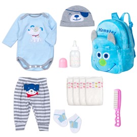 PEDOLLTREE Reborn Baby Doll Clothes Outfit Accessories Blue Puppy Set 11 Pcs Set for 17-22 Inch Reborn Doll Newborn Boy with Backpack Diaper