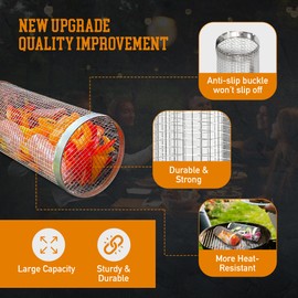 RXF COMMODITIES Rolling Grilling Baskets Set of 2 - Stainless Steel Grill Baskets for Outdoor Grill - Mesh Basket For BBQ, Veggies, Fish, & more - 2x Forks, 2x Hooks, 1x Spray Bottle & 4x Brushes