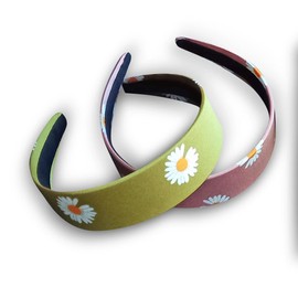2 Pcs Headband for Women & Girls by BeaverStrong, 1.7-inch Wide Sunflower-Design Printed Fabric Head Band Pair for All Ages and Hair Types (Green+Pink)