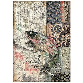 Stamperia International Stamperia-Rice Paper-Sir Vagabond in Japan-Mechanical Fish, Red, Teal, Brown, A4