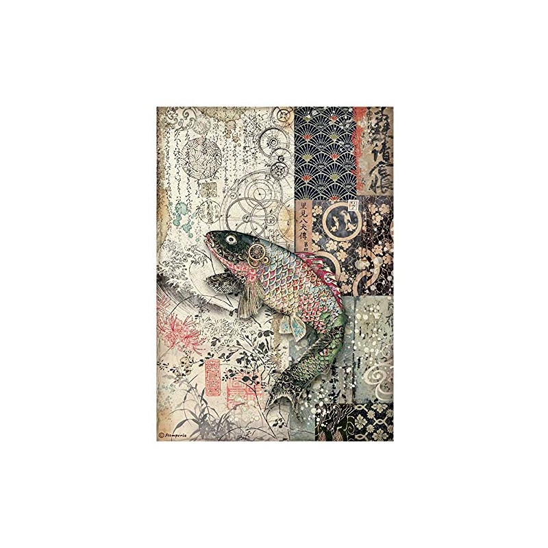 Stamperia International Stamperia-Rice Paper-Sir Vagabond in Japan-Mechanical Fish, Red, Teal,