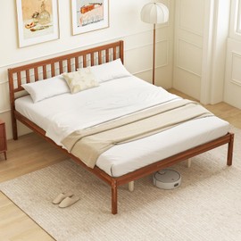 Giantex Queen Wood Platform Bed Frame with Headboard, Mid Century Solid Wood Bed Frame with Slat Support, No Box Spring Needed, 16" Under Bed Storage, Walnut Bed Frame Queen