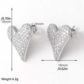 Chunky Rhinestone Full Heart Love Big Stud Earrings for Women Dainty Silver Plated Cubic Zirconia Hearted Studs Pin Hypoallergenic Minimalist Fashion Party Wedding Birthday Valentine's Day Gifts Her Mom Wife Bff (Silver)