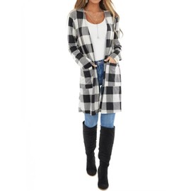 BONITEE Womens Clothes Lapel Cardigans Shirt Long Sleeves Buffalo Plaid Print Knitted Lapel Neckline Coats Tops Blouse Plaid Jacket Black White XXL