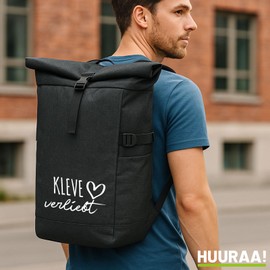 Huuraa Kurierrucksack Kleve verliebt Geschenk 30-44 Liter Black Melange Roll-Top Fairtrade Kleve Geschenkidee