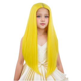 Edivd Yellow Wig for Child Girls Long Yellow Straight Wig Kid Long Middle Part Wigs Heat Resistant Synthetic Wigs with Cap