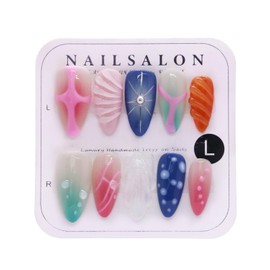 CAMILCY Press on Nails Handmade Nails Luxury Reusable Fake Nails For Girls Short Almond Armor Colorful Blue Diamonds HandPainted Salon Loveful Design Acrylic Gel UV Finished For Women 3D Nails 10PCS M