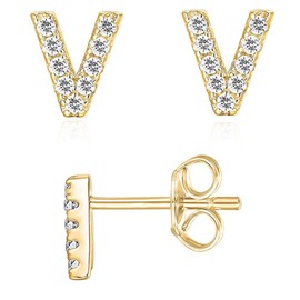 Initial Stud Earrings for Girls, 14K Gold Plated Sterling Silver Post Cubic Zirconia Stud Earrings, Hypoallergenic Earrings for Women Girl Gifts(V)