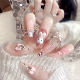Mkwntg 24Pcs White French Tip Press on Nails Medium Square Coffin False Nails with 3D Rabbit Bow Heart Design Pearl Cute Ombre Fake Nails Pink Nude Full Cover Glossy Acrylic Glue on Nails for Women