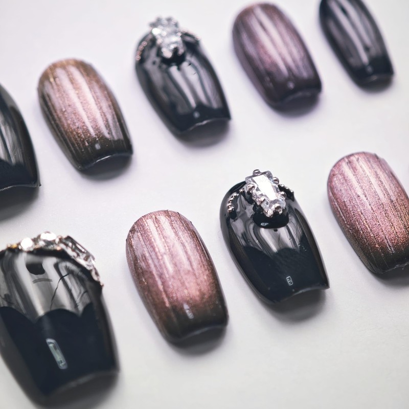 farfarflame Handmade Nail Tip, Short, False Nails, Diamond, Glossy, Cute,