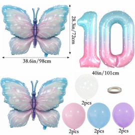 Kiwochy Gradient Pink Schmetterling Ballons 10. Geburtstag Dekoration Mädchen Deko 10 Jahre Schmetterling Geburtstag Party Set Riesige Bunte Schmetterling Folie Ballon für Schmetterling Party Supplies