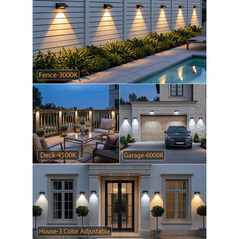 Solar Fence Lights Outdoor, 3000/4500/6000K 3 Mode 16 Pack Fence