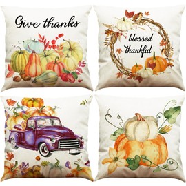 BINXWA Autumn Cushion Cover, Autumn Decorative Cushion 45 x 45 cm, Set of 4, Pumpkin Decorative Cushion, Cotton Linen Cushion Cover, for Living Room, Sofa, Garden Decorative Cushion