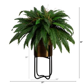 Nearly Natural 35-in Artificial Boston Fern Plant on Display Stand in Removal Brass Metal Planter, Fake Ferns for Living Room, Bedroom, Office Home Décor