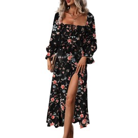 BLENCOT Womens Square Neck Tie Front Floral Print Puff Long Sleeve Maxi Dress Split Summer Beach Dresses Black Small Size