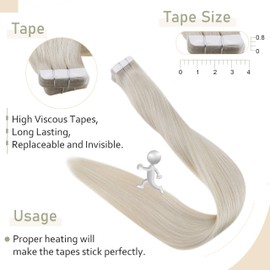 Easyouth Hair Extensions Human Hair Tape in Color Platinum Ice Blonde Invisible Tape in Extensions Remy Hair Tape in Straight Hair Extensions for Woman 18 Inch 20Pcs