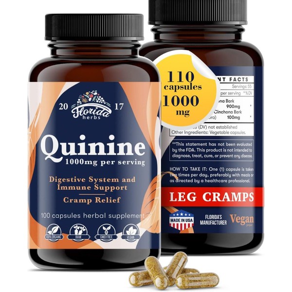 Leg Cramps Support Organic Pills - 1000 mg - Quinine Tablets for Cramp Defense - Cinchona Bark Herb Supplement - Quinine Capsules for Muscle Cramp - Vegan Capsules - 1000 mg - 110 Count (Pack of 1)