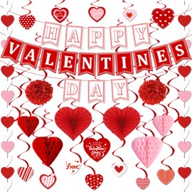 Valentines Day Decorations, Valentines Party Supplies with Happy Valentines Day Banner Heart Garland Heart Hanging Swirls and Paper Fans, Love Decorations for Home Office Wedding Anniversary