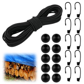 Bungee Cord 4 mm x 15 m, Black Shock Cord, Round Elastic Rope with Hooks and Balls, Bungee Rope for Tarpaulin, Trailer, Backpack, Tent Pole, DIY Craft Projects