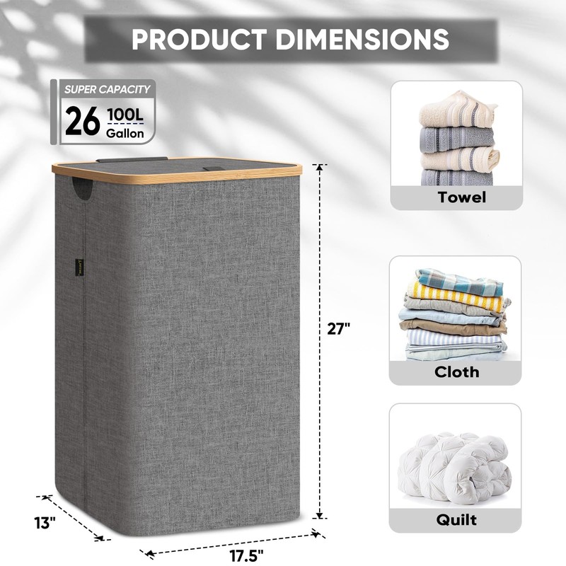 BALEINE Laundry Hamper with Lid, Tall Laundry Baskets with Bamboo