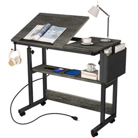 DWVO Height Adjustable Drawing Desk with Charging Station & Wheels, Rolling Craft Table with Tilting Top Tabletop and Storage Bag, Small Standing & Sitting Laptop Computer Desk (Grey)