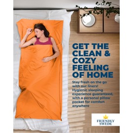 The Friendly Swede Sleeping Bag Liner - Cold Weather Camping Sheets & Adult Sleep Sack with Full Length Zipper; Microfiber Cotton Feel Soft Sheets with Stuff Sack - Orange (Zipper)
