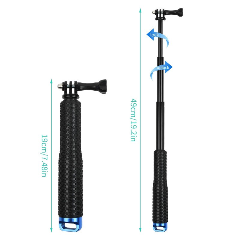 Waterproof Extendable Selfie Stick, 19-49cm Pole Handle Monopod Blue Telescopic