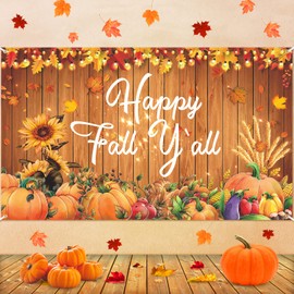 Happy Fall Party Decorations Banner, Happy Fall Y'all Banner Thanksgiving Autumn Harvest Backdrop, Maple Leaves Pumpkin Thanksgiving Day Autumn Party Home Outdoor Yard Decor