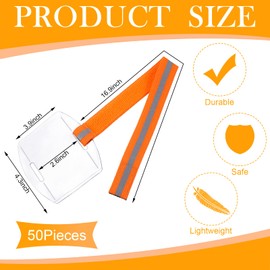 50 Pcs Arm Badge Holder Armband ID Badge Holder Visibility PVC ID Badge Holder with Adjustable Belt Elastic Armband Badge Clear Name Tag Holder for Work Pass, Postcards, Universal Size (Orange)