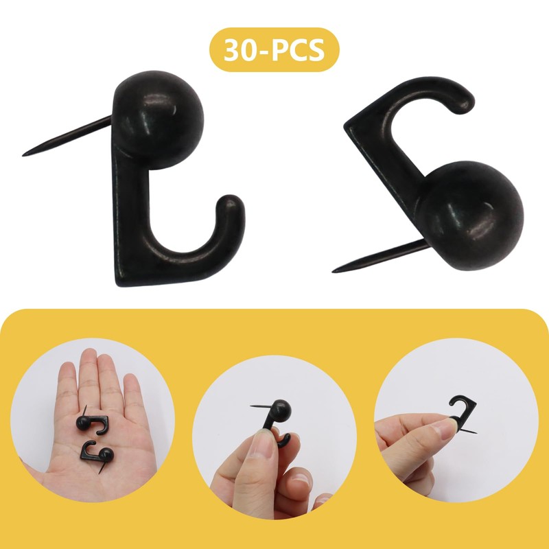 Cionyce 30 Pcs Metal Push Pin Hooks, Wall Pins for